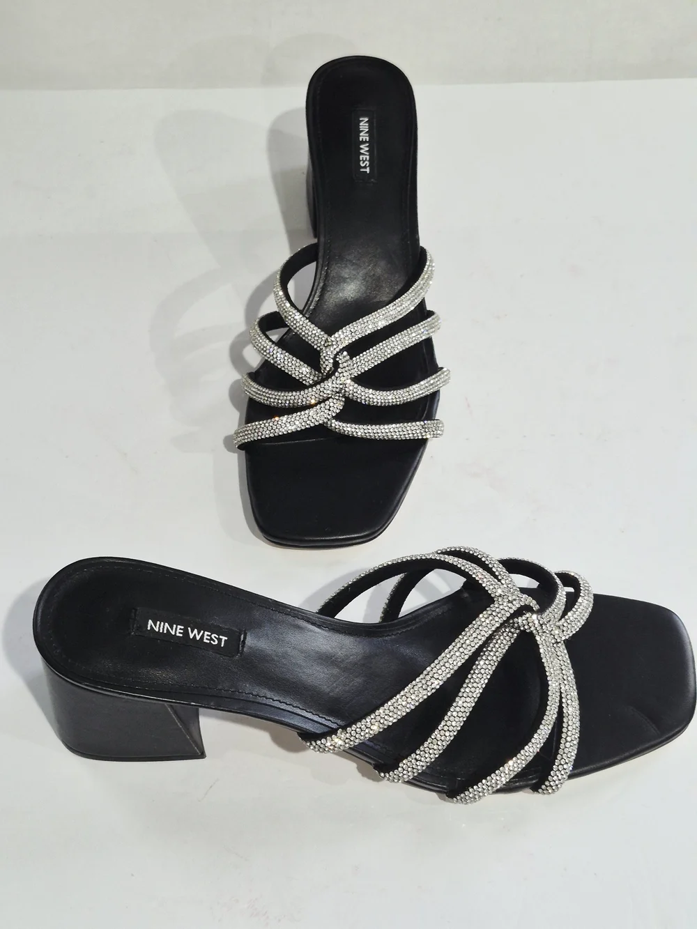 Nine West Black Heeled Slide Sandals with Silver Crystal Straps Size 12